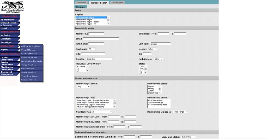 MEMBER SEARCH Use the Member Search screen to search for various member breakdowns within your regional membership database.