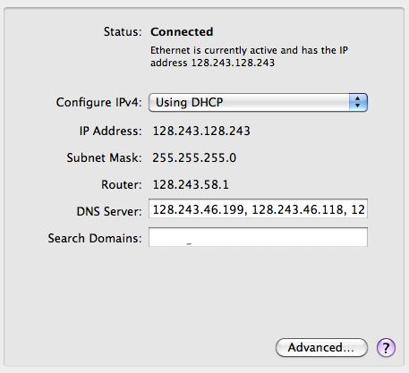 6. Note the computer name: 7. Return to System Preferences and select Network 8. Examine the network properties for the following information: IP Address e.g. 128.