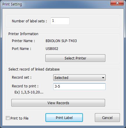 3-1-4 Print 1) Select <Print > from the <File> tab. 2) When the [Print Setting] window opens as below, specify the number of copies to be printed and click [Print Label] to start printing.