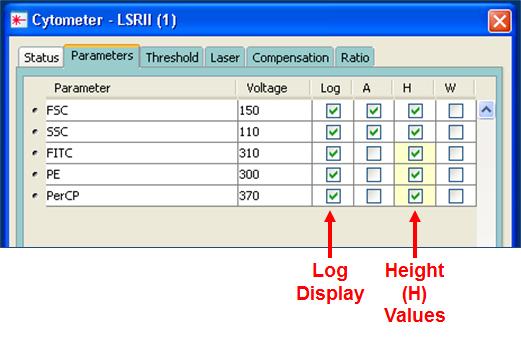 In the Cytometer control window, select the Parameters tab.
