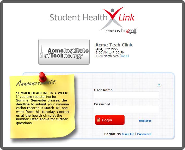 1 Login Screen TM Already enrolled? If you are already enrolled in Student Health Link, just enter the user ID and password you created, then click Continue (see Chapter 4: Logged In). Not enrolled?