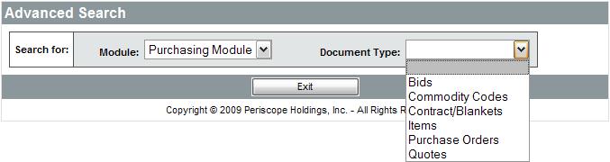 The advanced search option lets you search for bids, purchase orders, contracts and commodity codes: Figure 2-6.