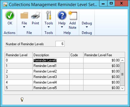Setting up Reminder Levels Use the Collections Management Reminder Level Setup window to set up reminder level codes and reminder level fees to be used with reminder letters.