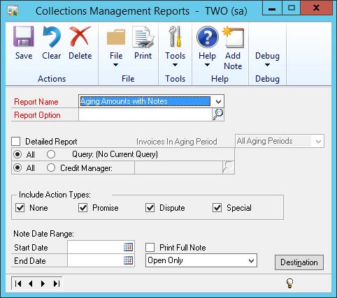 14. Close the window. Printing Collections Reports Use the Collections Management Reports window to print the Aging Amounts with Notes report and the Notes by Customer report.