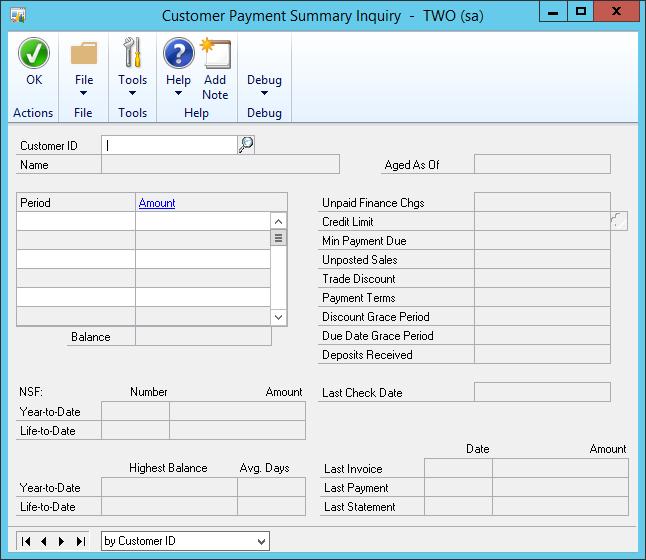 Viewing Customer Payment Information Use the Customer Payment Summary Inquiry window to view payment information for a customer, including unpaid finance charges, payment terms, and the last payment