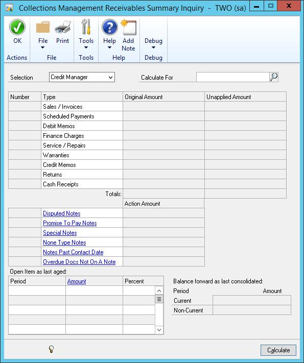 Viewing Customer Receivables Information Use the Collections Management Receivables Summary Inquiry window to view summarized information that can be filtered by a credit manager, current query, or