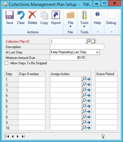 Setting up Collection Plans Open the Collections Management Plan Setup window.