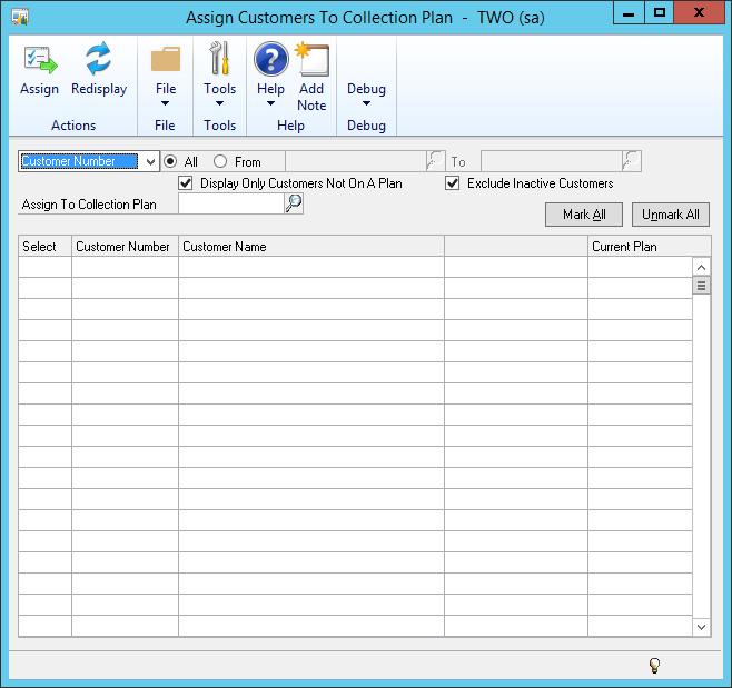 This window allows the user to assign customers to a Collection plan based on ranges and criteria.
