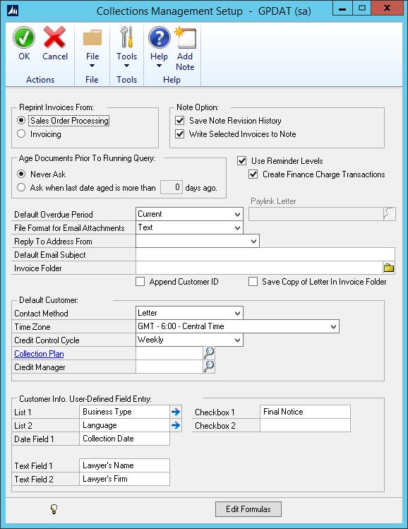 Setting up Collections Management Use the Collections Management Setup window to select to print invoices from Sales Order Processing or Invoicing, choose note options, select default values for