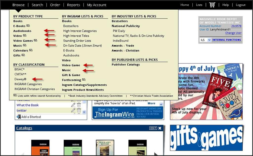 Browse Menu Additions The Browse Menu in ipage is now more comprehensive in terms of providing links for all the products we sell.