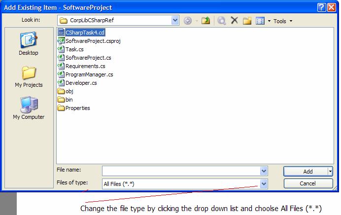 In the Add Existing Item dialog box, choose All Files (*.