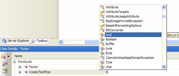 Figure 1.21 Once you type letter b, notice that the intellisense is shown with all the types in scope.