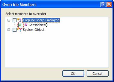 Right click Tester shape header region, choose menu Intellisense Override Members. This will bring up the Override Members dialog box. Once it s up, click the button in front of CorpLibCSharp.