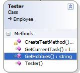 Employee). Click in front of CorpLibCSharp.Employee node to list all the overrideable methods defined in that class. Click the check box in front of GetHobbies node.