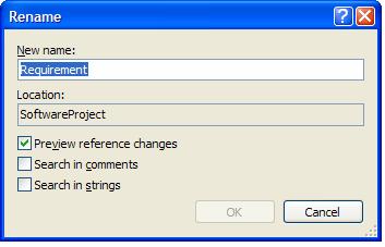 o From the Class Diagram, right-click the class Requirements and select menu Refactor Rename... The Rename dialog box appears. Figure 1.31.