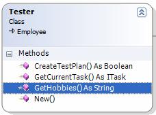 Right click Tester shape header region, choose menu Intellisense Override Members. This will bring up the Override Members dialog box. Once it s up, click the button in front of CorpLibVB.