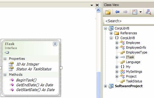 29 Class View in search mode Go to the Class View tool window, expand CorpLibCSharp namespace, find the interface