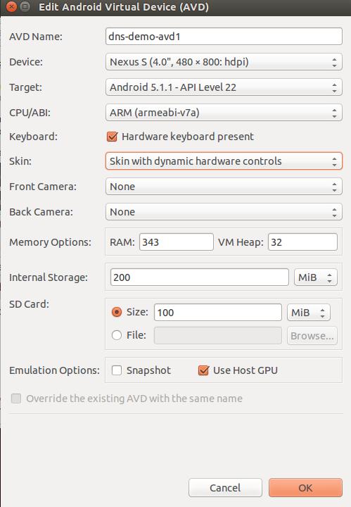 Step 5: Create the Android Virtual Device with the configurations shown in the following screenshot, and click on the OK button.