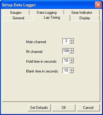 8.1.3 Lap Timing Click the Lap Timing tab to display the Lap Timing page ( Figure 28) of the Setup Data Logger Dialog.