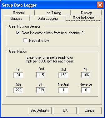 8.1.7 Gear Indicator Click the Gear Indicator tab to display the Gear Indicator page (Figure 32) of the Setup Data Logger Dialog.