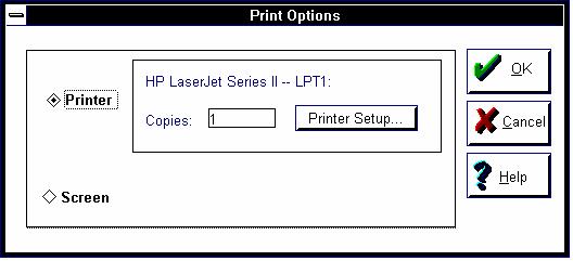 Print to: You will see a "Print to" field on all selection dialogs. Your current printer choice will be displayed.