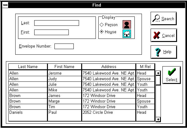Finding Existing Persons Find is used to quickly find and display a person. You can find a person based upon last name, first name, and/or envelope number.