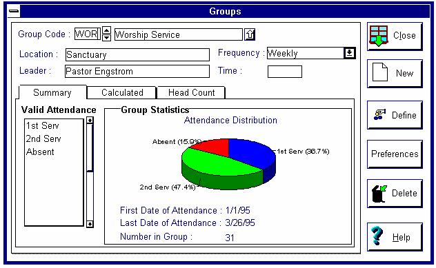 Viewing the Groups Windows Displaying the Groups Summary Window The Groups summary window displays a pie chart depicting attendance by attendance code for the current year.