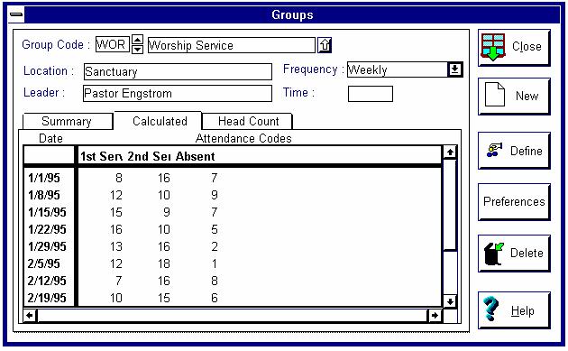 Displaying the Groups Calculated Window The Groups Calculated window displays the number of people with an attendance code for a given date of attendance.