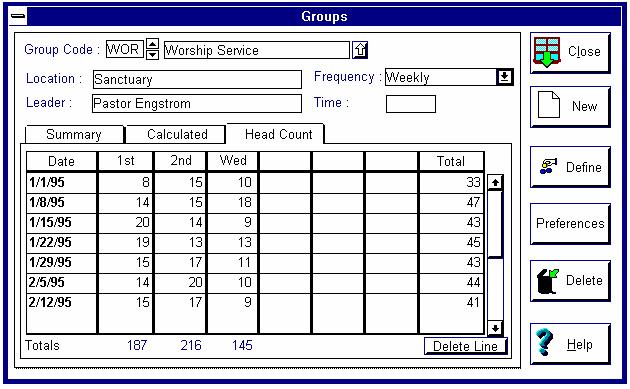 Displaying the Groups Head Count Window Your church may want to record head count totals for a group. You may define column heading for the table with the preferences button.