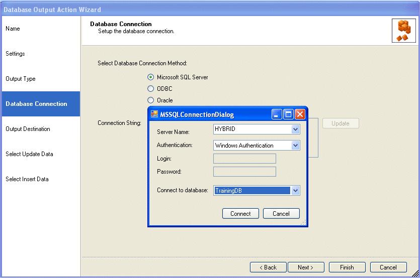 Database Connection In the Database Connection page of the wizard users specify the connection method, i.e. Microsoft SQL Server Driver, DSN or Oracle Driver.