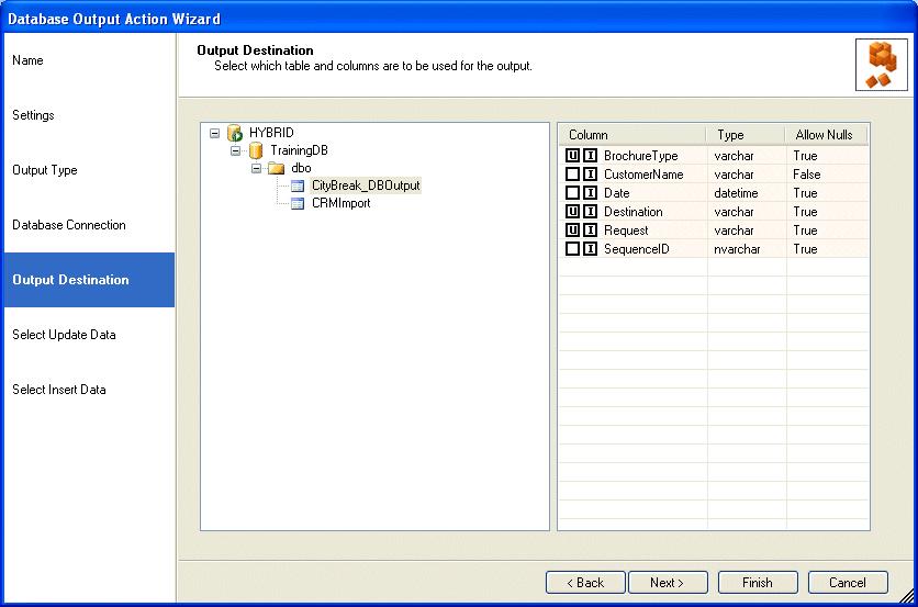Output Destination In the Output Destination page of the wizard users select the destination database table for the export and the columns to be used for the output action.