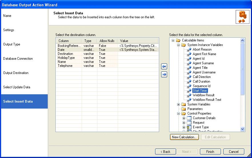 Select Insert Data In this page of the wizard, select the required data fields for the Insert.