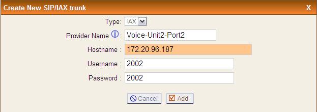 iv. Set Username to the username as defined on the secondary unit (i.e. 2002 for Voice-Unit2-Port2). v. Set Password to the password as defined on the secondary unit for that user (i.e. 2002). vi.