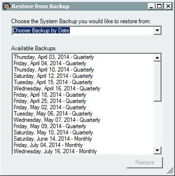 If Restore is selected the system opens a selection menu. a. Last Week b. Last Month c. Last Quarter d. User Initiated (only shows when a manual backup operation has been selected) e.