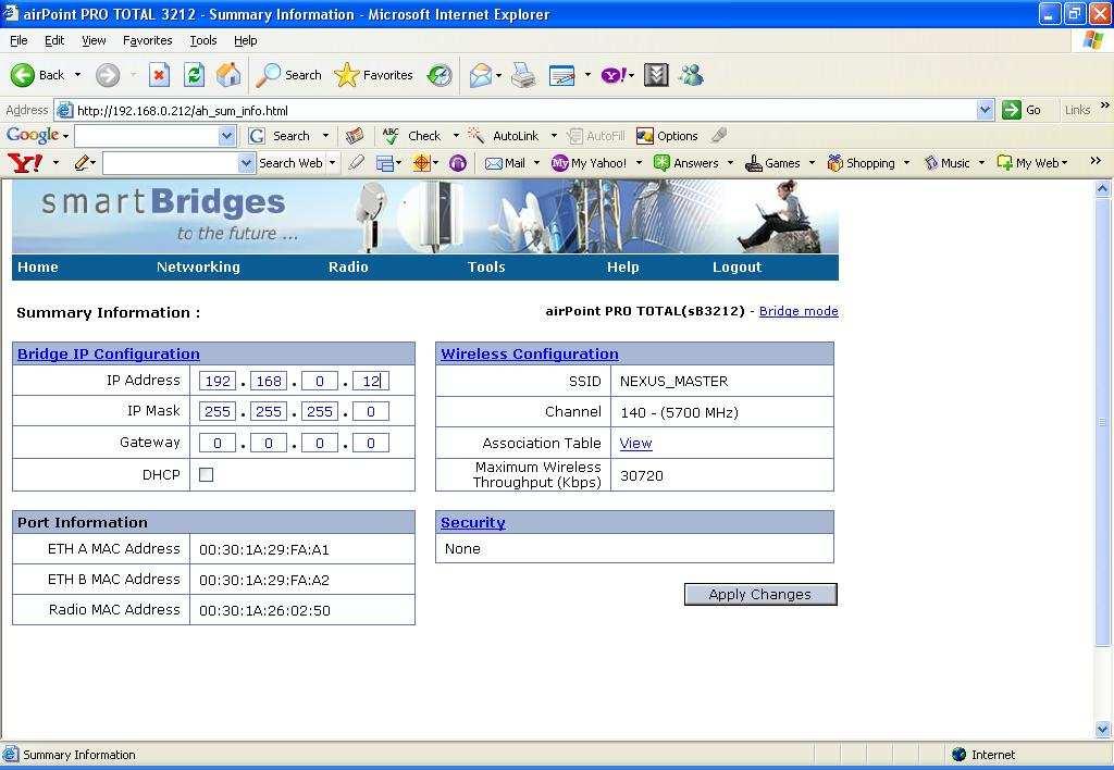 Figure 4 - Summary Page for Bridge IP Configuration B) Wireless Interface configuration To change the wireless settings follow the steps below: 1.