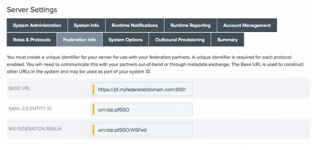 3. The Federation Info screen will display fields for SAML 2.0 Entity ID and WS-Federation Realm.