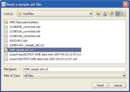 Appendix A Manage Sample Set Files Import a sample set file 3. In the Read a sample set file dialog box, browse to and select a sample set file (*.txt), then click Read. 4.