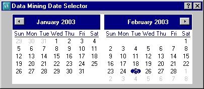 When the date is selected, a database query is performed. To display this window, click the Data Mining Date Selector button.