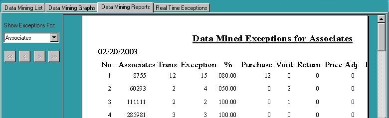 Figure 19: Data Mining Reports Tab Associates Report example Figure 20: Data Mining Reports Tab Registers Report example Click the Data Mining Reports tab (Figures 19 and 20) to view the exception