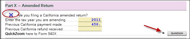 8. On your state s Information Worksheet, scroll down to the Amended Return section at the bottom of the worksheet. 9. Check the box to indicate you are filing an amended state return.