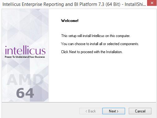 Installing Intellicus setup for Windows is made available as setup.exe file. To start installation, you need to doubleclick setup.exe. Figure 1: Welcome screen will be displayed when you double-click setup.