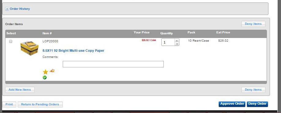 Edit Order: Continued Edit Order Screenshot 2 of 2: Click item checkbox to left of item and then click the Deny Items button to deny specific items in an order. Add Comments box. Add New Items button.