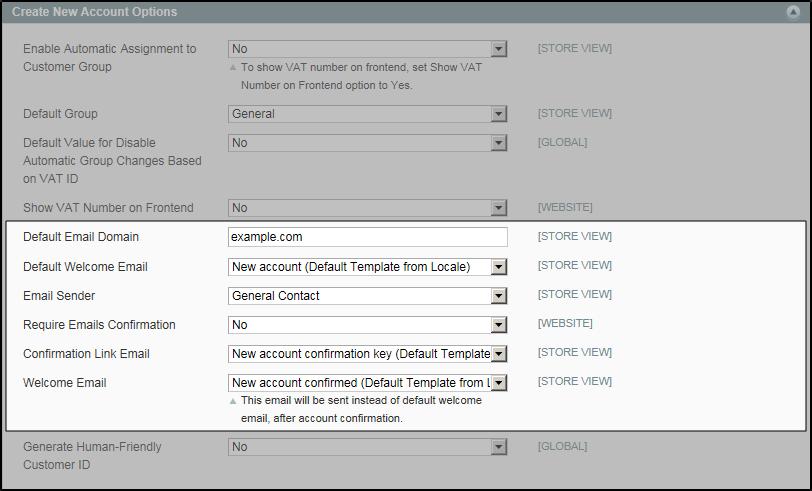 Customer Account Configuration Chapter 1: Customer Accounts Create New Account Options To set up the basic customer account options: 1. On the Admin menu, select System > Configuration. 2.