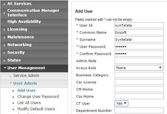 In the Add User screen shown below, enter the following values: User Id - This will be used by the syntelate setup in Section 8.1. Common Name and Surname - Descriptive names need to be entered.