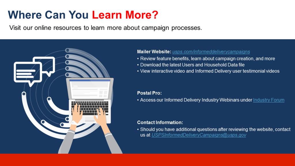 Thank you for taking the time to learn more about Informed Delivery. Want to learn even more? Check out these resources. o The Informed Delivery website for mailers is usps.