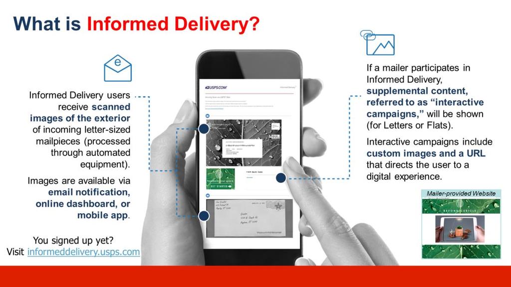 Informed Delivery provides eligible residential consumers with the ability to digitally preview their household s mail arriving soon These previews are available via email notification, online