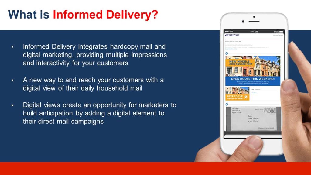 Informed Delivery creates an entirely new avenue to reach your customers across multiple channels, and with actionable response mechanisms.