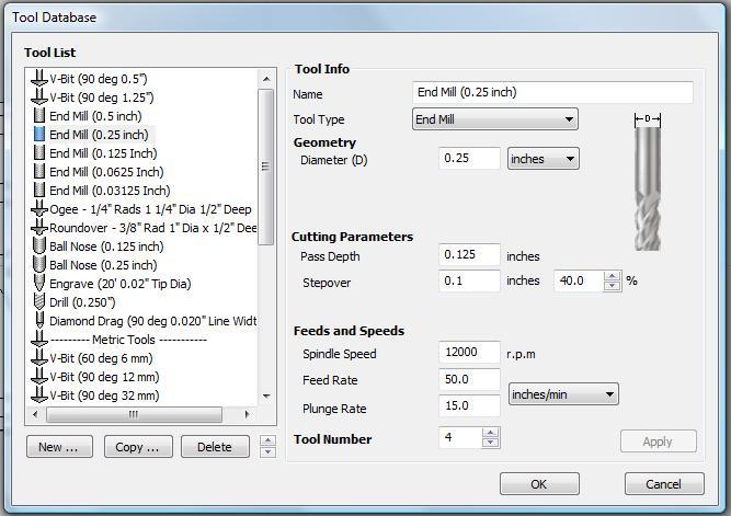 Profile Toolpath parameters Click on the Select button to open the Tool Database and select the tool shown below.