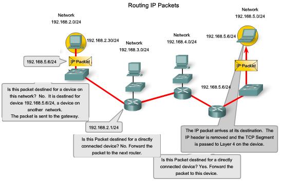The router examines the network portion of the packet destination address and forwards the packet to the appropriate interface.