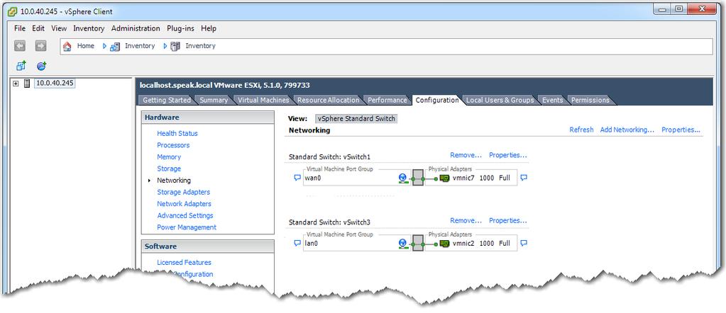 VX Virtual Appliance / VMware vsphere / vsphere Hypervisor / Bridge Mode [In-Line Deployment] Click Finish. The vsphere Client s Configuration tab now reflect the additions of wan0 and lan0. Next.